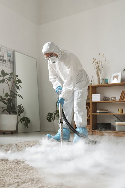 A professional cleaning technician from Carpet Cleaners Harringay, dressed in a full white protective suit, face mask, and gloves, is performing surface cleaning or sanitisation of a beige carpet in a modern, well-lit living room. The technician uses a portable steam cleaning or extraction machine, with visible steam or vapour emanating from the device, indicating deep cleaning and sanitisation processes. The room features a wooden shelving unit with decorative items and books, a large mirror, and potted houseplants, all appearing clean and well-maintained. The scene highlights thorough domestic cleaning aimed at hygienic surface care and deep cleaning of residential carpets to maintain freshness and hygiene on Wightman Road Harringay N4, with the expertise of Carpet Cleaners Harringay.