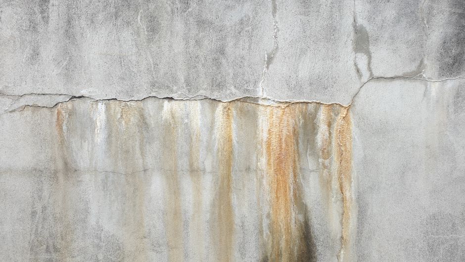Close-up image of a wooden surface with multiple vertical planks, showing a worn-out and stained appearance. The top half of the planks exhibits white, gray, and light brown patches suggesting imprope