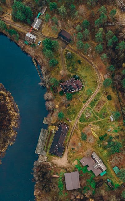 An aerial view of a lakeside residential property surrounded by trees, featuring a pathway leading to a house with a dark roof, a separate garage or shed, and other smaller structures amidst a partially wooded area with green lawns and garden plots. The lake's shoreline is visible on the left side, with a dock extending into the water, and the scene is illuminated with natural daylight, showing a tranquil, rural environment. The image highlights outdoor spaces and building layouts, captured from above to showcase the property and its natural surroundings. This scene exemplifies residential landscape features, with no cleaning tools or indoor surfaces visible, and is unrelated to the services of Carpet Cleaners Harringay.